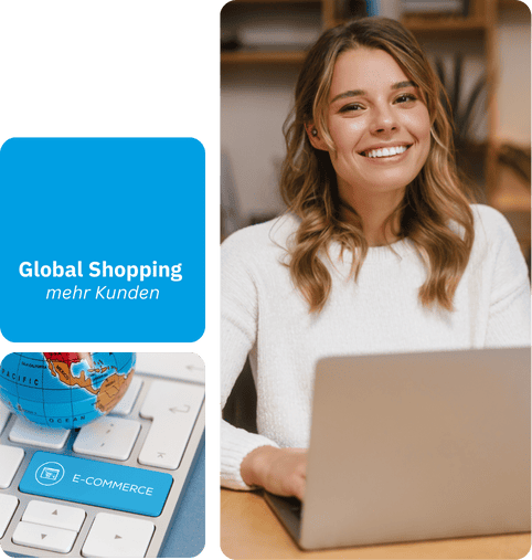 Masonry Grid mit Tastatur, Person am Laptop und Text Global Shopping - mehr Kunden